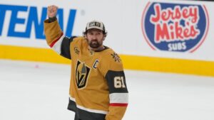 Vegas Golden Knights right wing Mark Stone celebrates after winning Game 4 of the Western Conference finals Stanley Cup playoff series against the Colorado Avalanche Tuesday, May 26, 2026, in Las Vegas. (John Locher/AP)