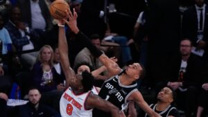San Antonio Spurs forward Victor Wembanyama blocks the shot of New York Knicks forward Og Anunoby during the first half of Game 4 of the NBA Finals basketball series, Wednesday, June 10, 2026, in New York. (Ross D. Franklin/AP)
