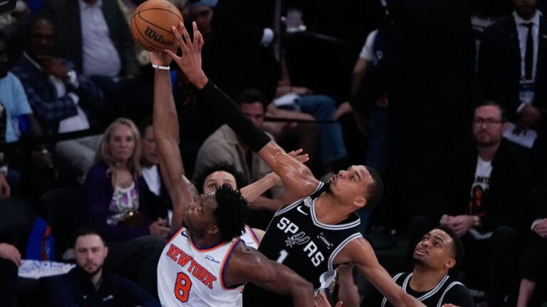 San Antonio Spurs forward Victor Wembanyama blocks the shot of New York Knicks forward Og Anunoby during the first half of Game 4 of the NBA Finals basketball series, Wednesday, June 10, 2026, in New York. (Ross D. Franklin/AP)