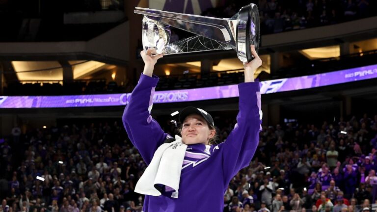 Minnesota Frost defenceman Lee Stecklein celebrates with the Walter Cup after her team won the PWHL hockey finals against the Ottawa Charge, May 26, 2025, in St. Paul, Minn. (Ellen Schmidt/AP)