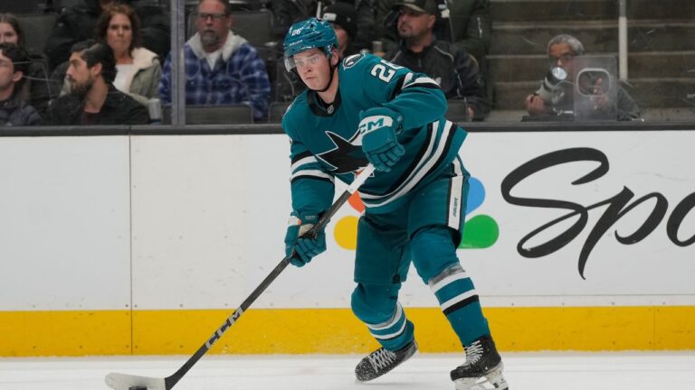 San Jose Sharks defenseman Jack Thompson during an NHL hockey game against the Montreal Canadiens in San Jose, Calif., Tuesday, Feb. 4, 2025. (Jeff Chiu/AP)