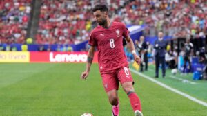 Portugal's Bruno Fernandes runs with the ball during the World Cup Group K soccer match between Portugal and Congo in Houston, Wednesday, June 17, 2026. (AP Photo/Ashley Landis)
