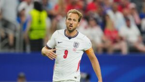 England's Harry Kane (9) in action during the World Cup Group L soccer match between England and Croatia in Arlington, Texas, near Dallas, Wednesday, June 17, 2026. (AP Photo/Julio Cortez)