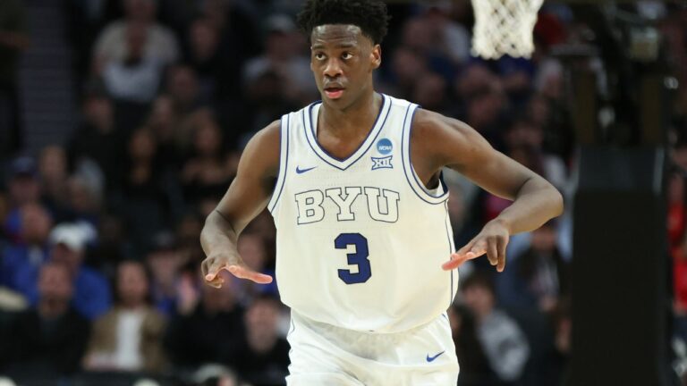 BYU forward AJ Dybantsa (3) reacts during the second half in the first round of the NCAA college basketball tournament against Texas, Thursday, March 19, 2026, in Portland, Ore. (AP Photo/Amanda Loman)