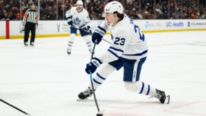 Toronto Maple Leafs left wing Matthew Knies (23) shoots during the second period of an NHL hockey game against the Anaheim Ducks, Monday, March 30, 2026, in Anaheim, Calif. (AP Photo/William Liang)
