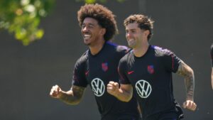 United States' Christian Pulisic and Chris Richards attend a training session ahead of their World Cup match against Turkey in Irvine, Calif. on Monday, June 22, 2026. (Andre Penner/AP)