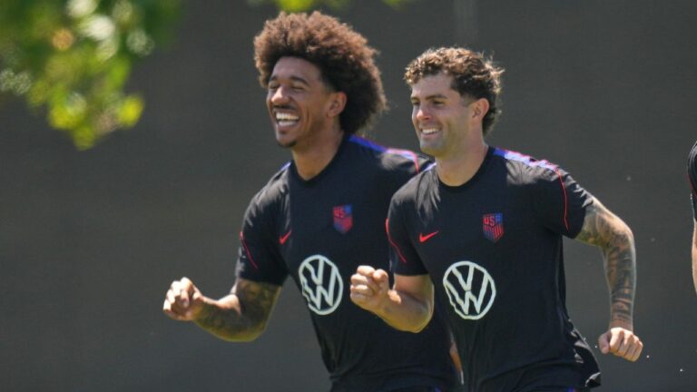 United States' Christian Pulisic and Chris Richards attend a training session ahead of their World Cup match against Turkey in Irvine, Calif. on Monday, June 22, 2026. (Andre Penner/AP)