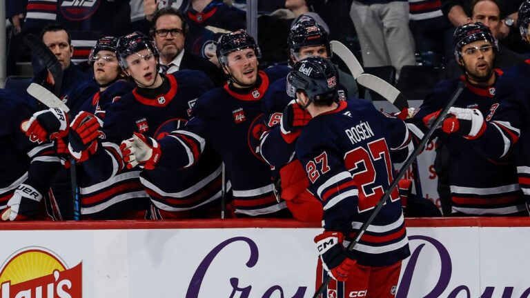 Winnipeg Jets' Isak Rosen celebrates his goal against the New York Rangers during second period in Winnipeg on Thursday, March 12, 2026. (John Woods/CP)