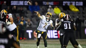 Edmonton Elks' quarterback Cody Fajardo makes a pass during second half against the Ottawa Redblacks on Saturday, June 6, 2026. (Spencer Colby/CP)