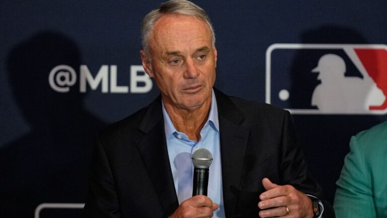 Rob Manfred, commissioner of Major League Baseball, answers questions during a news conference at MLB winter meetings on Dec. 8, 2025, in Orlando, Fla. (John Raoux/AP)