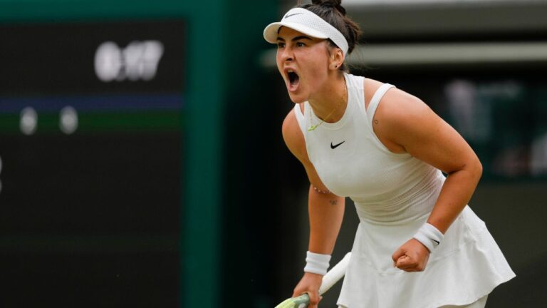 Bianca Andreescu of Canada reacts after winning g a point against Jasmine Paolini of Italy during their third round match at the Wimbledon tennis championships in London, Friday, July 5, 2024. (AP Photo/Kirsty Wigglesworth)