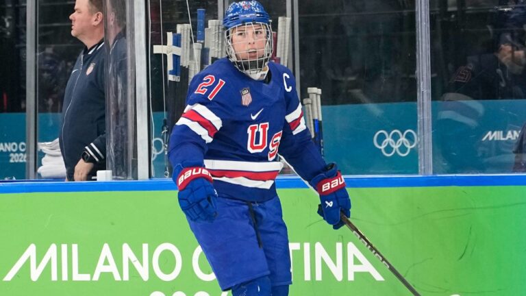 Hilary Knight celebrates after scoring at the 2026 Winter Olympics, in Milan, Italy on Thursday, Feb. 19, 2026. (Hassan Ammar/AP)