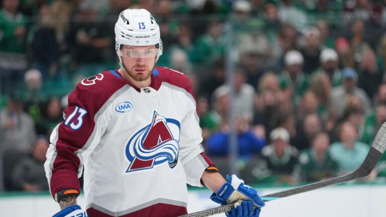 Colorado Avalanche right wing Valeri Nichushkin looks on during the first period of an NHL hockey game against the Dallas Stars Friday, March 6, 2026, in Dallas. (AP Photo/Julio Cortez)