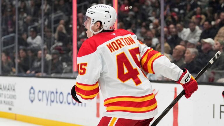 Calgary Flames center Sam Morton celebrates after scoring during the third period of an NHL hockey game against the Los Angeles Kings, Thursday, April 17, 2025, in Los Angeles. (AP Photo/Mark J. Terrill)