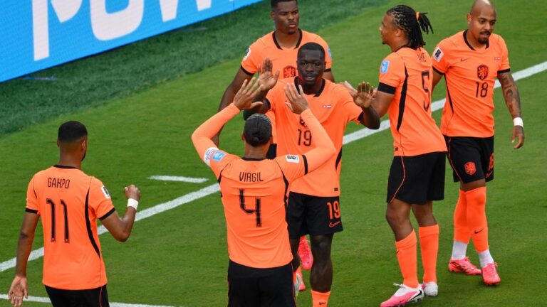Brian Brobbey celebrates with Virgil van Dijk and teammates during the World Cup Group F match between Tunisia and the Netherlands in Kansas City, Mo. on Thursday, June 25, 2026. (Reed Hoffmann/AP)