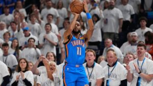 Guard Isaiah Joe shoots during the first half of Game 2 in the Western Conference finals against the San Antonio Spurs on Wednesday, May 20, 2026, in Oklahoma City. (Tony Gutierrez/AP)
