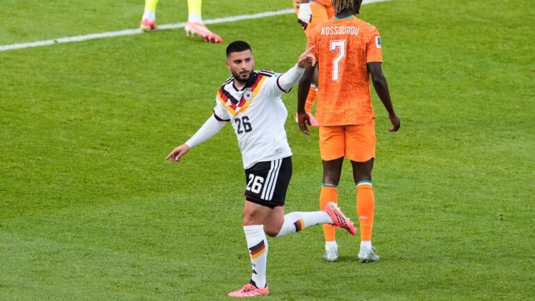 Deniz Undav celebrates after scoring his second goal during the World Cup Group E match between Germany and Ivory Coast in Toronto on Saturday, June 20, 2026. (Olivia White/AP)