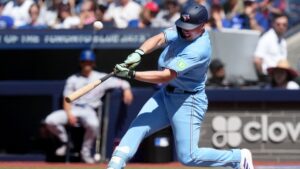 Toronto Blue Jays first baseman Sean Keys has his first major league at-bat during second inning American League MLB baseball action against the Texas Rangers, in Toronto, Saturday, June 27, 2026. (Nathan Denette/CP)