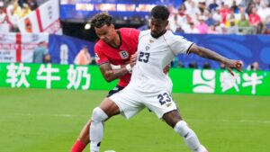 England's Nico O'Reilly and Panama's Amir Murillo battle for the ball during the FIFA World Cup Group L match between Panama and England in East Rutherford, N.J., near New York, Saturday, June 27, 2026. (Yuki Iwamura/AP)