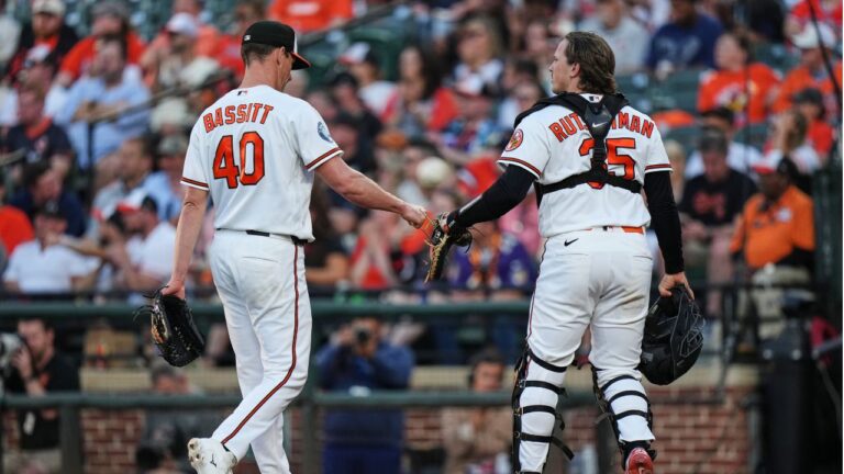 Baltimore Orioles starting pitcher Chris Bassitt (40) and catcher Adley Rutschman right,celebrate after retiring the side during the third inning of a baseball game against the Toronto Blue Jays, Thursday, May 28, 2026, in Baltimore. (Stephanie Scarbrough/AP)