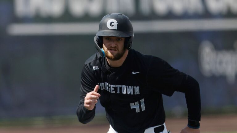 Georgetown catcher Owen Carapellotti (41) during an NCAA baseball game against Radford on Sunday, March 23, 2025, in Tysons, Va. Radford won 6-4. (Mike Buscher/AP)