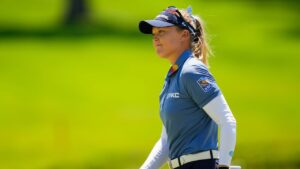 Brooke Henderson, of Canada, reacts after missing her shot on the sixth green during the third round of the Women's PGA Championship golf tournament at Hazeltine National Golf Club, Saturday, June 27, 2026, in Chaska,Minn. (Matt York/AP)