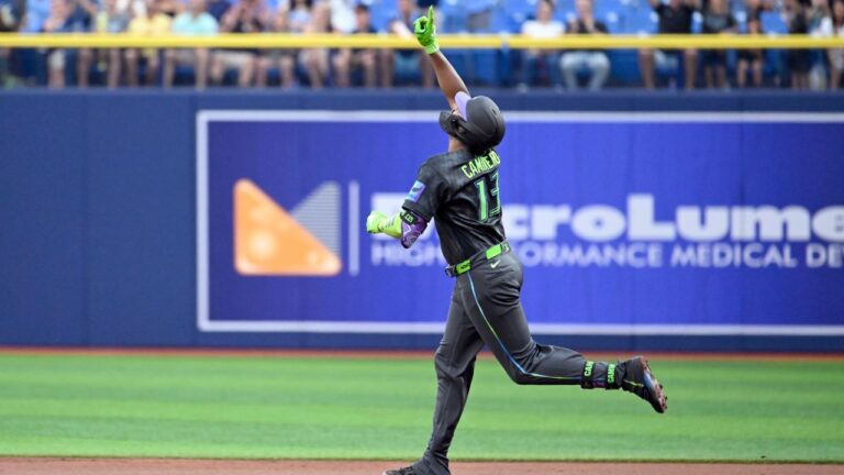 Tampa Bay Rays' Junior Caminero rounds the bases after his home run during the first inning of a baseball game against the Arizona Diamondbacks Saturday, June 27, 2026, in St. Petersburg, Fla. (Jason Behnken/AP)