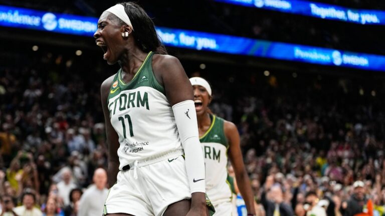 Seattle Storm centre Awa Fam reacts after blocking Dallas Wings' Paige Bueckers at the basket during overtime in a WNBA basketball game, Monday, June 22, 2026, in Seattle. (Lindsey Wasson/AP)