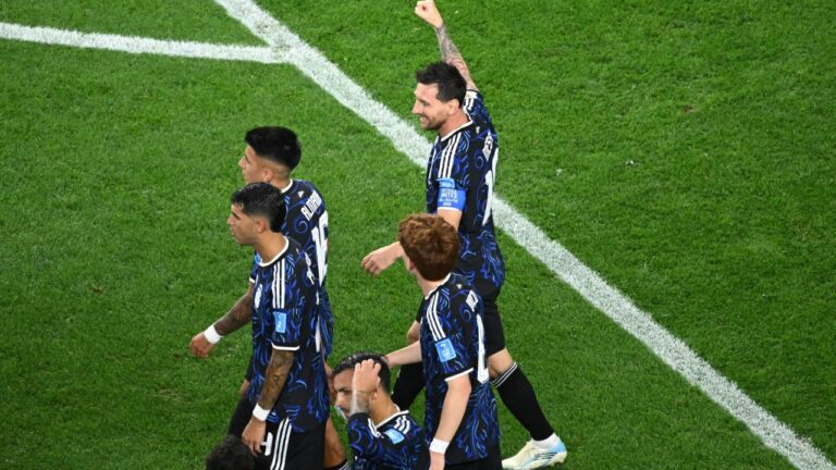 Argentina's Lionel Messi (10) celebrates scoring their third goal during the World Cup Group J soccer match between Jordan and Argentina in Arlington, Texas, near Dallas, Saturday, June 27, 2026. (Jessica Tobias/AP)
