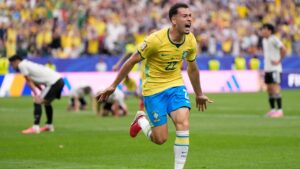 Brazil's Gabriel Martinelli celebrates after scoring his side's second goal during the World Cup match between Brazil and Japan in Houston on Monday, June 29, 2026. (Ashley Landis/AP)