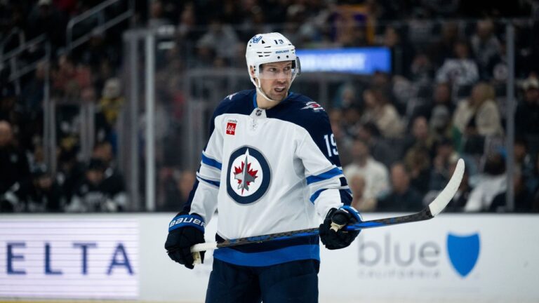 Winnipeg Jets centre David Gustafsson takes his stance during a game against the Los Angeles Kings on Tuesday, April 1, 2025, in Los Angeles. (Kyusung Gong/AP)