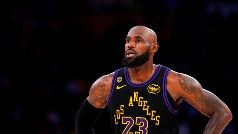 LeBron James stands on the court in the closing minutes of Game 4 in a second-round series against the Oklahoma City Thunder on Monday, May 11, 2026, in Los Angeles. (Mark J. Terrill/AP)