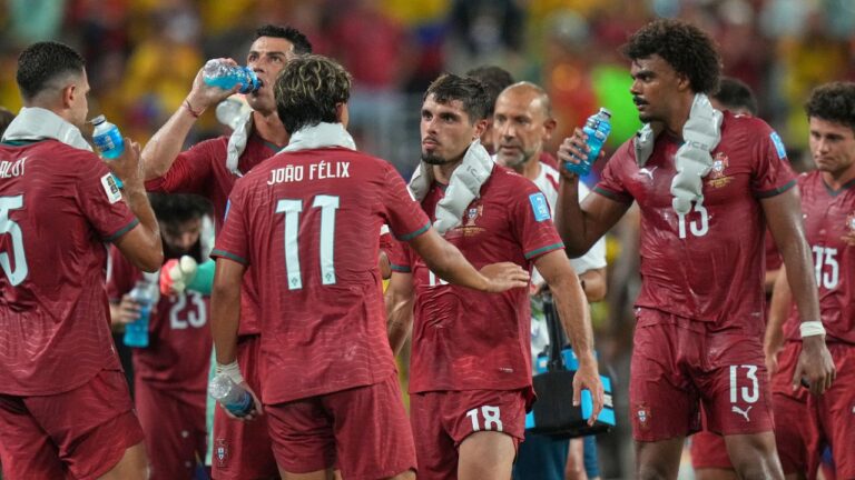 Portugal players cool down during a hydration break during the World Cup match between Colombia and Portugal in Miami Gardens, Fla. on Saturday, June 27, 2026. (Lynne Sladky/AP)