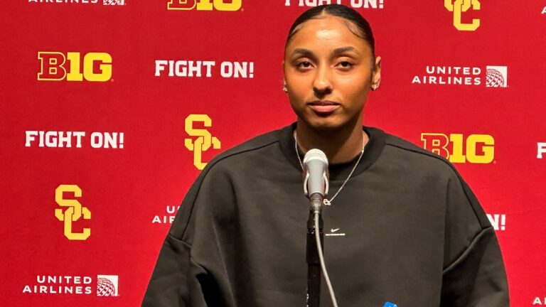 JuJu Watkins discusses her return to Southern California's basketball team after missing last season with an injury on Monday, June 29, 2026 in Los Angeles. (Beth Harris/AP)