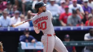 Boston Red Sox first baseman Willson Contreras in the seventh inning of a game on Wednesday, June 24, 2026, in Denver. (David Zalubowski/AP)