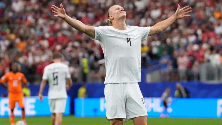 Erling Haaland celebrates after scoring his side's second goal during the match between Ivory Coast and Norway in Arlington, Texas, near Dallas on Tuesday, June 30, 2026. (Tony Gutierrez/AP)