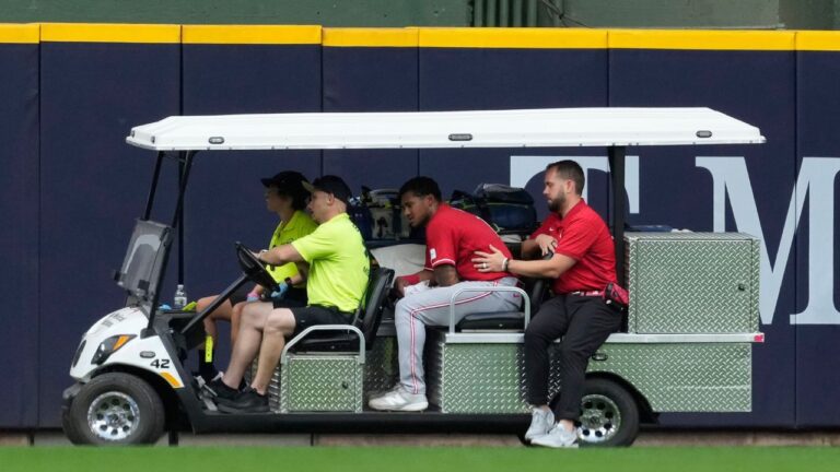 Dane Myers is carted off the field after suffering an injury during the fourth inning of a game against the Milwaukee Brewers on Monday, June 29, 2026, in Milwaukee. (Aaron Gash/AP)