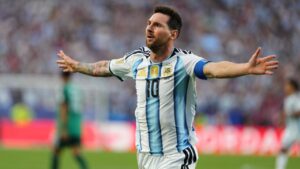 Argentina's Lionel Messi celebrates after scoring the opening goal during the World Cup Group J soccer match between Argentina and Algeria in Kansas City, Mo., Tuesday, June 16, 2026. (Ed Zurga/AP)