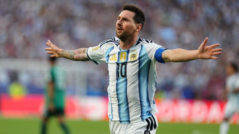 Argentina's Lionel Messi celebrates after scoring the opening goal during the World Cup Group J soccer match between Argentina and Algeria in Kansas City, Mo., Tuesday, June 16, 2026. (Ed Zurga/AP)
