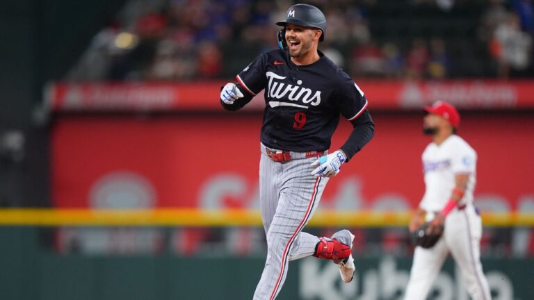 Minnesota Twins' Trevor Larnach runs the bases after hitting a home run during the first inning against the Texas Rangers, Tuesday, June 16, 2026, in Arlington, Texas. (LM Otero/AP)