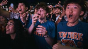 New York Knicks fans celebrate as they watch Game 5 of the NBA Finals basketball series against the San Antonio Spurs, Saturday, June 13, 2026, in New York. (Andres Kudacki/AP)