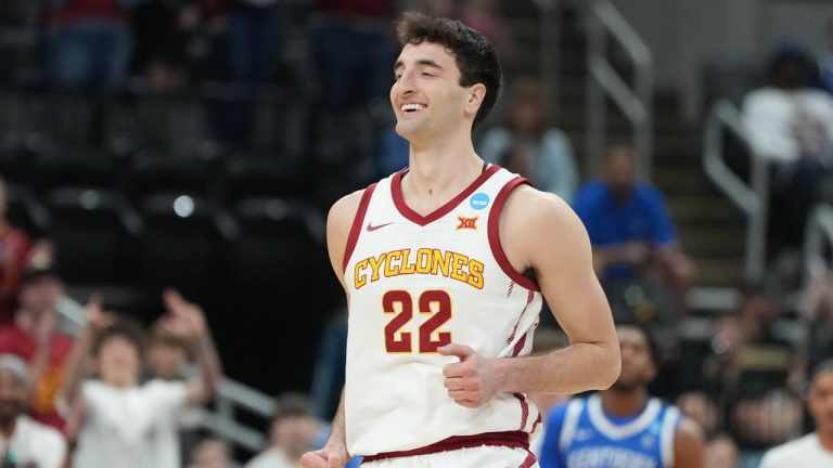 Iowa State's Milan Momcilovic celebrates during the second half in the second round of the NCAA college basketball tournament against Kentucky, Sunday, March 22, 2026, in St. Louis. (AP Photo/Jeff Roberson, File)