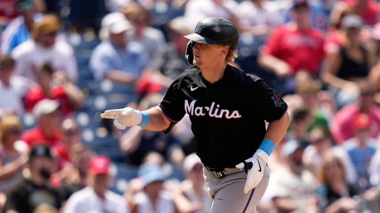 Marlins' Kyle Stowers reacts after hitting a home run against Phillies pitcher Tanner Banks during the sixth inning on Wednesday, June 17, 2026, in Philadelphia. (Matt Slocum/AP)
