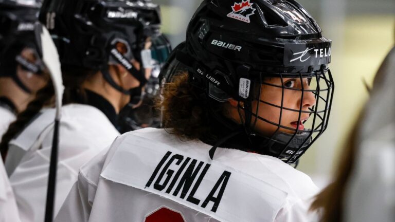 Jade Iginla looks on from the bench during a Canada's national women's under-18 team inter-squad game in Calgary, Alta., Friday, May 27, 2022. (Jeff McIntosh/CP)