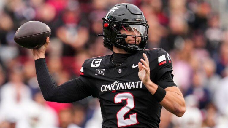 Cincinnati quarterback Brendan Sorsby throws an interception during the first half against Arizona, Saturday, Nov. 15, 2025, in Cincinnati. (Jeff Dean/AP)