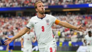 England's Harry Kane celebrates after scoring a goal against Croatia in Arlington, Texas, near Dallas, Wednesday, June 17, 2026. (Tony Gutierrez/AP)