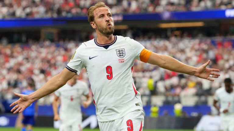 England's Harry Kane celebrates after scoring a goal against Croatia in Arlington, Texas, near Dallas, Wednesday, June 17, 2026. (Tony Gutierrez/AP)