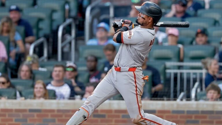 San Francisco Giants' Luis Arraez hits a two-run home run against the Atlanta Braves during the second inning on Wednesday, June 17, 2026, in Atlanta. (Erik S. Lesser/AP)