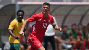 Switzerland midfielder Granit Xhaka runs during the first half of an international friendly against Australia Saturday, June 6, 2026, in San Diego. (Gregory Bull/AP)