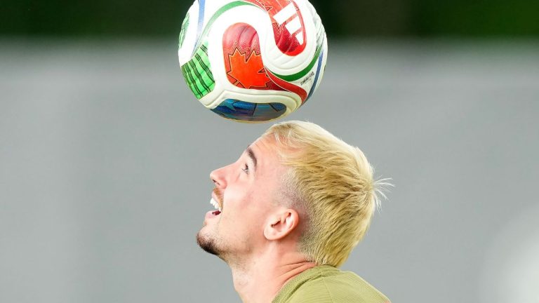 Liam Millar heads the ball during Team Canada World Cup roster selection camp in Charlotte, N.C., on Tuesday, May 26, 2026. (Nathan Denette/CP)